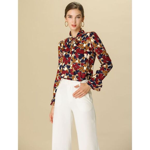 Floral Tie V Neck Blouse Chiffon Ruffle Trumpet Top Red - Picture 3 of 6